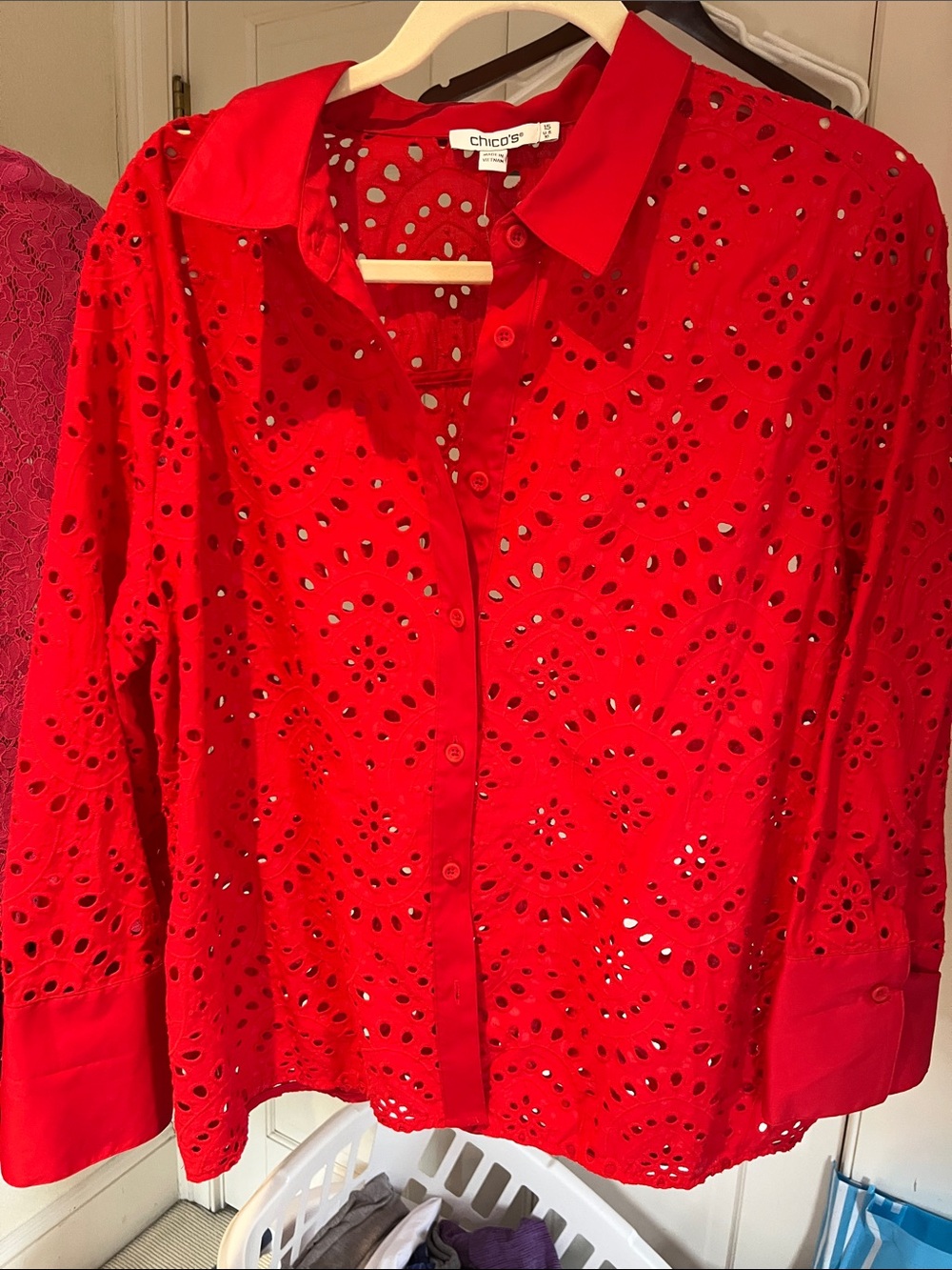 Chico's Red Eyelet Button-Down Shirt